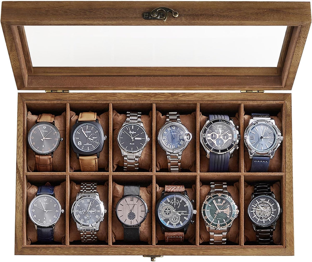 Valcourt™ Solid Wood Watch Box — 12 Slots with Glass Lid