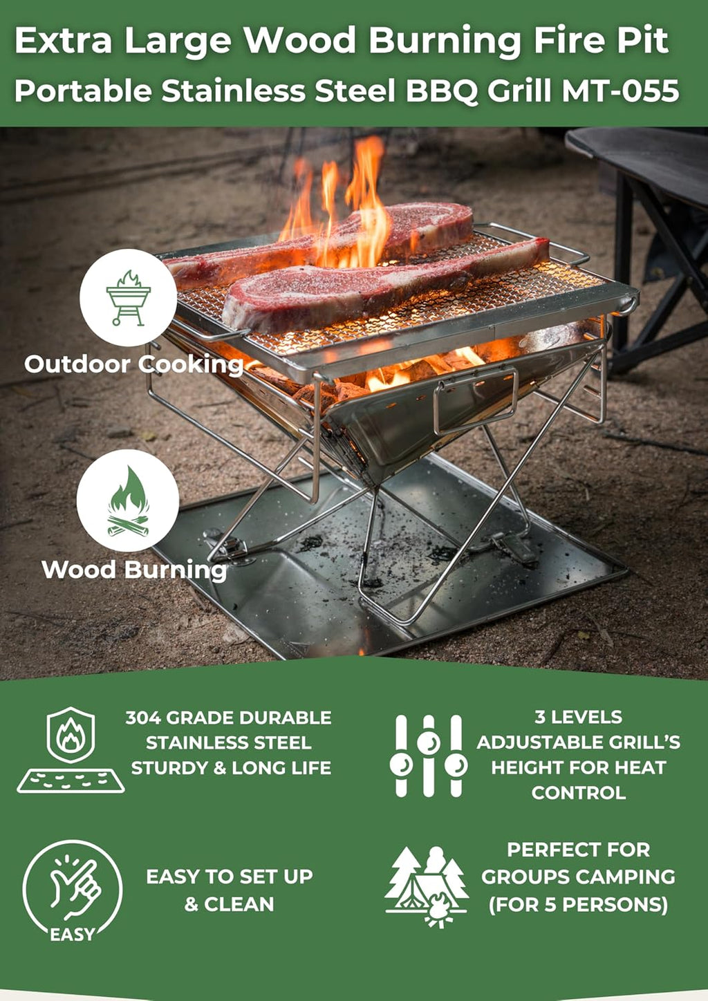 CAMPINGMOON Portable Stainless Steel Wood Burning Grill and 