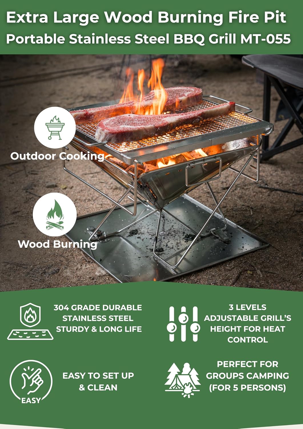 CAMPINGMOON Portable Stainless Steel Wood Burning Grill and 