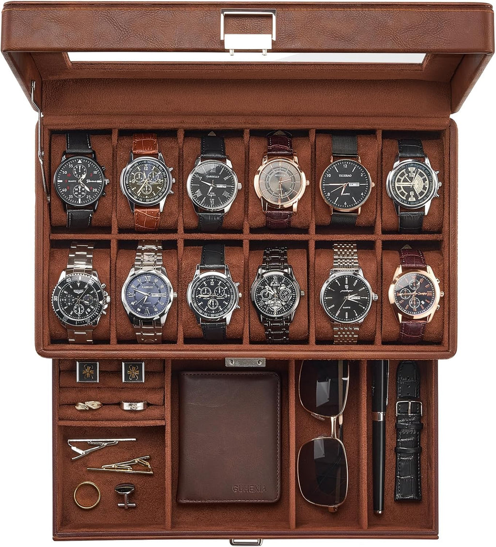 Valcourt™ 12-Slot Watch Box — All-Black with Valet Drawer
