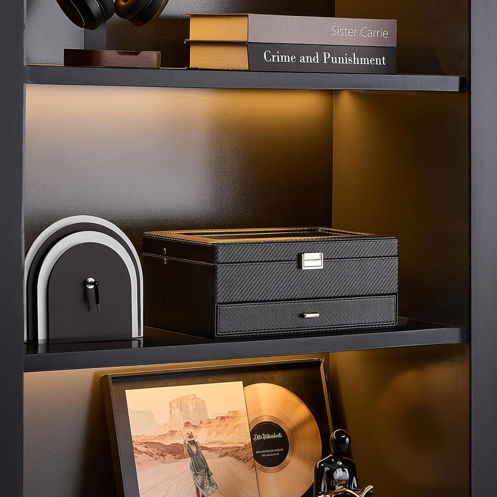 Valcourt™ 12-Slot Watch Box — All-Black with Valet Drawer