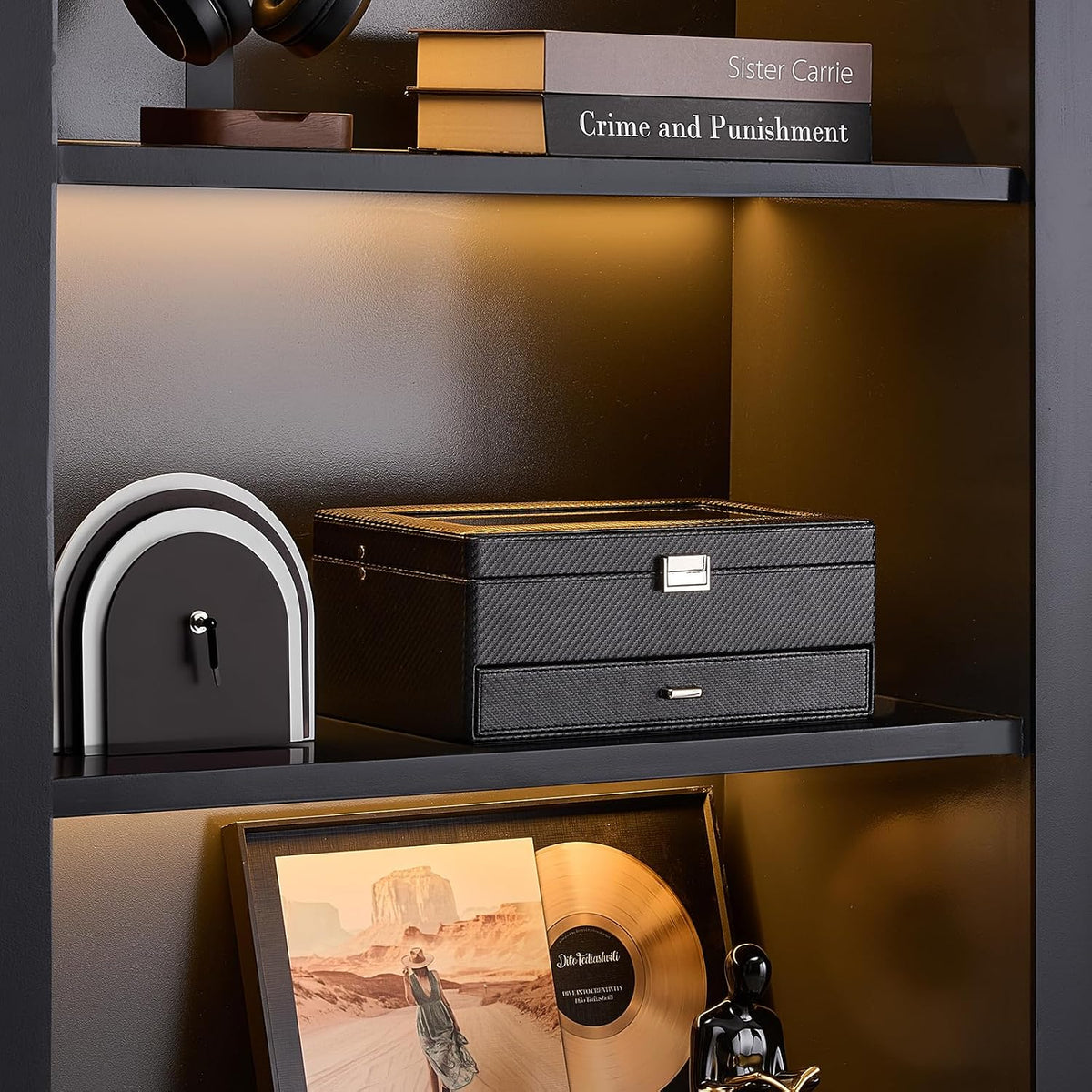 Valcourt™ 12-Slot Watch Box — All-Black with Valet Drawer
