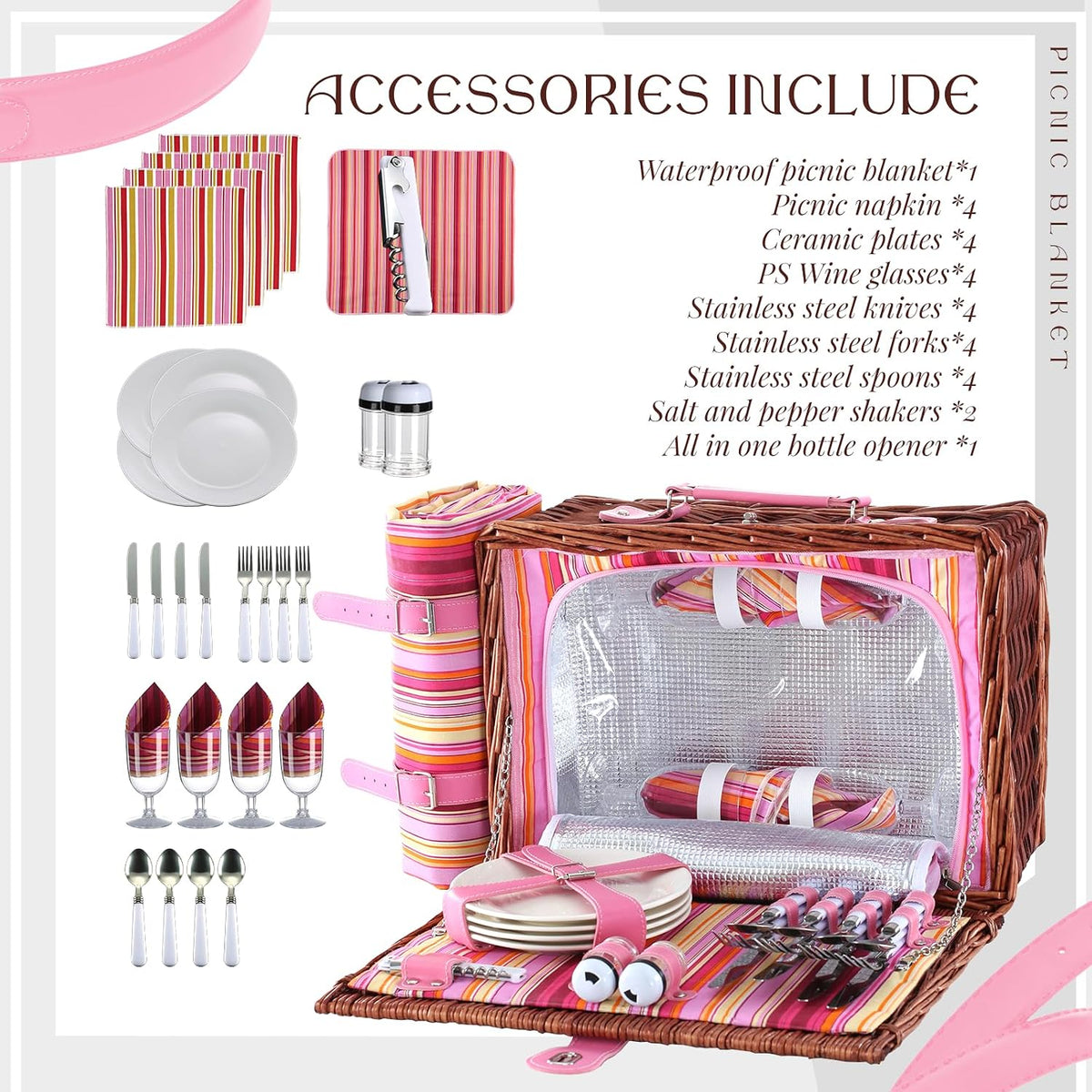 Picnic Basket Set for 4 with Waterproof Picnic Blanket and I