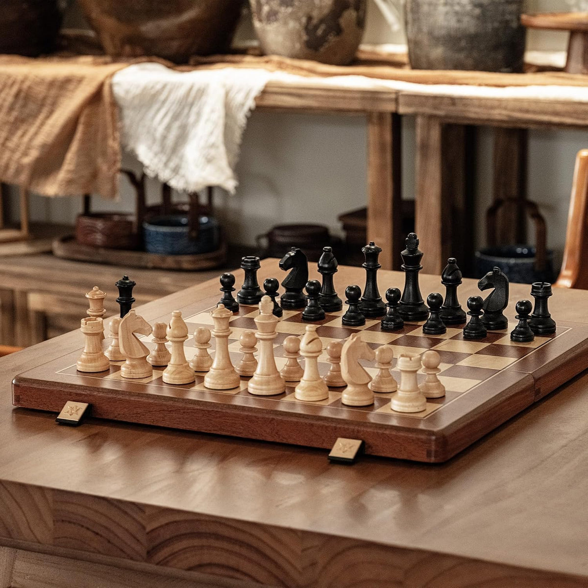 A&A Premium Natural Mahogany Folding Chess Set