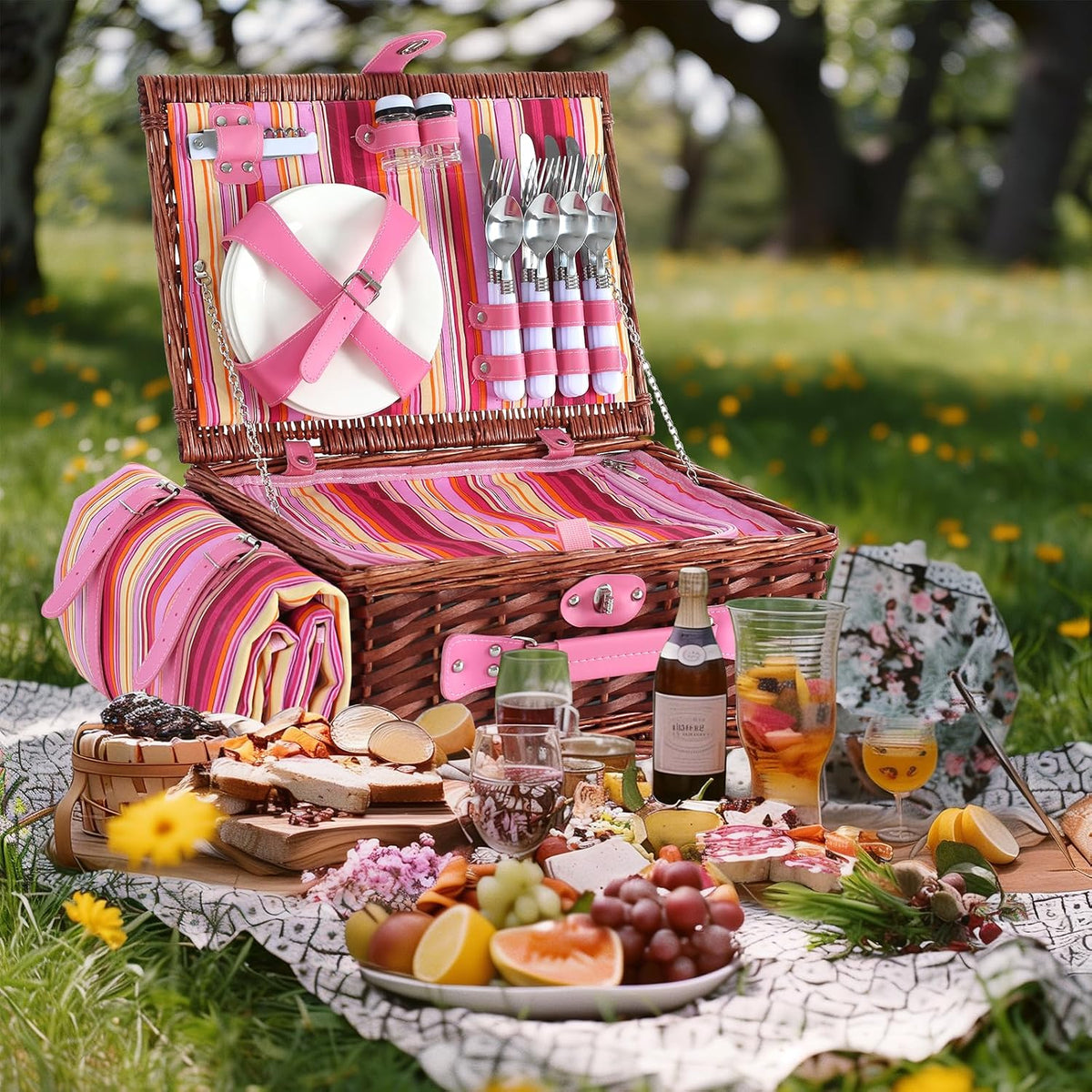 Picnic Basket Set for 4 with Waterproof Picnic Blanket and I