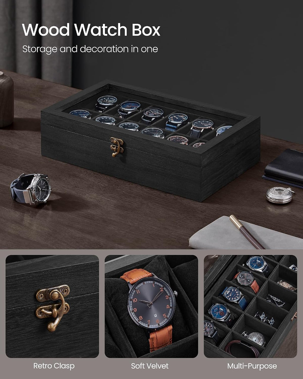Valcourt™ Solid Wood Watch Box — 12 Slots with Glass Lid
