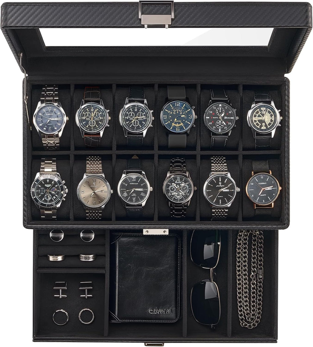 Valcourt™ 12-Slot Watch Box — All-Black with Valet Drawer