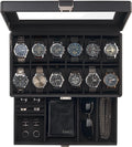 Valcourt™ 12-Slot Watch Box — All-Black with Valet Drawer