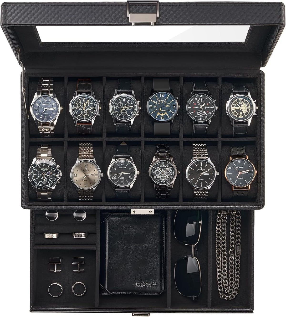 Valcourt™ 12-Slot Watch Box — All-Black with Valet Drawer