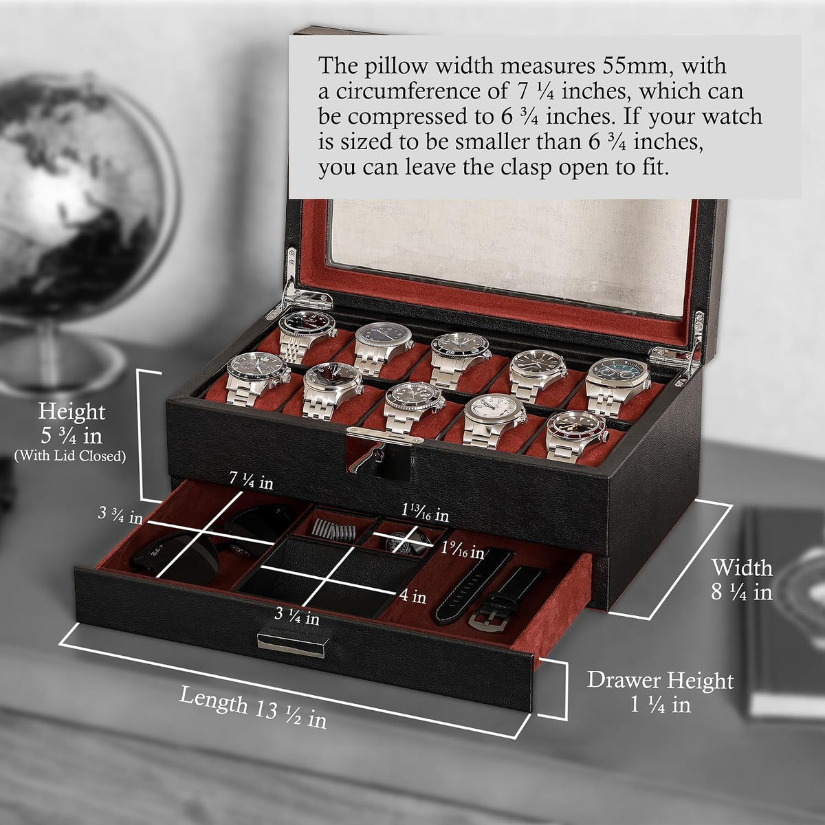 Valcourt™ Heritage 10-Slot Watch Box — Leather Valet Drawer, Black/Red