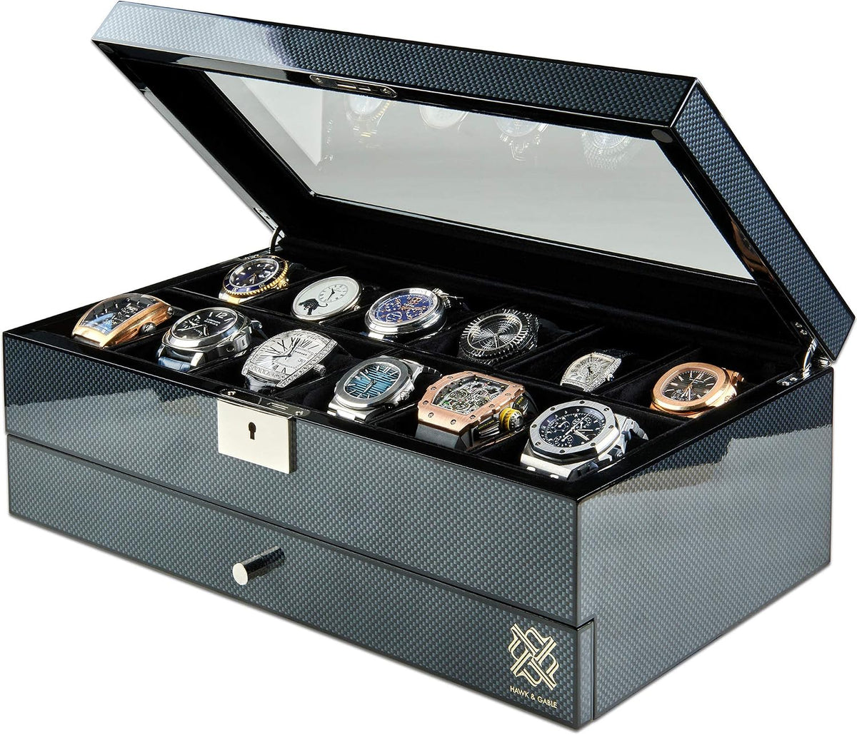 Valcourt™ Carbon 12-Slot Watch Box — Lockable Glass Display