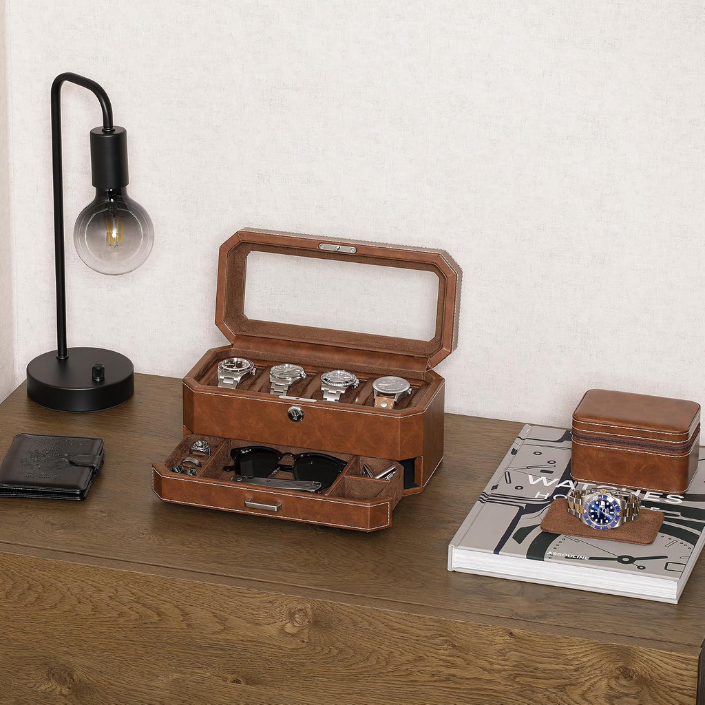 ROTHWELL Leather Watch Box with 4 Compartments & Storage Box
