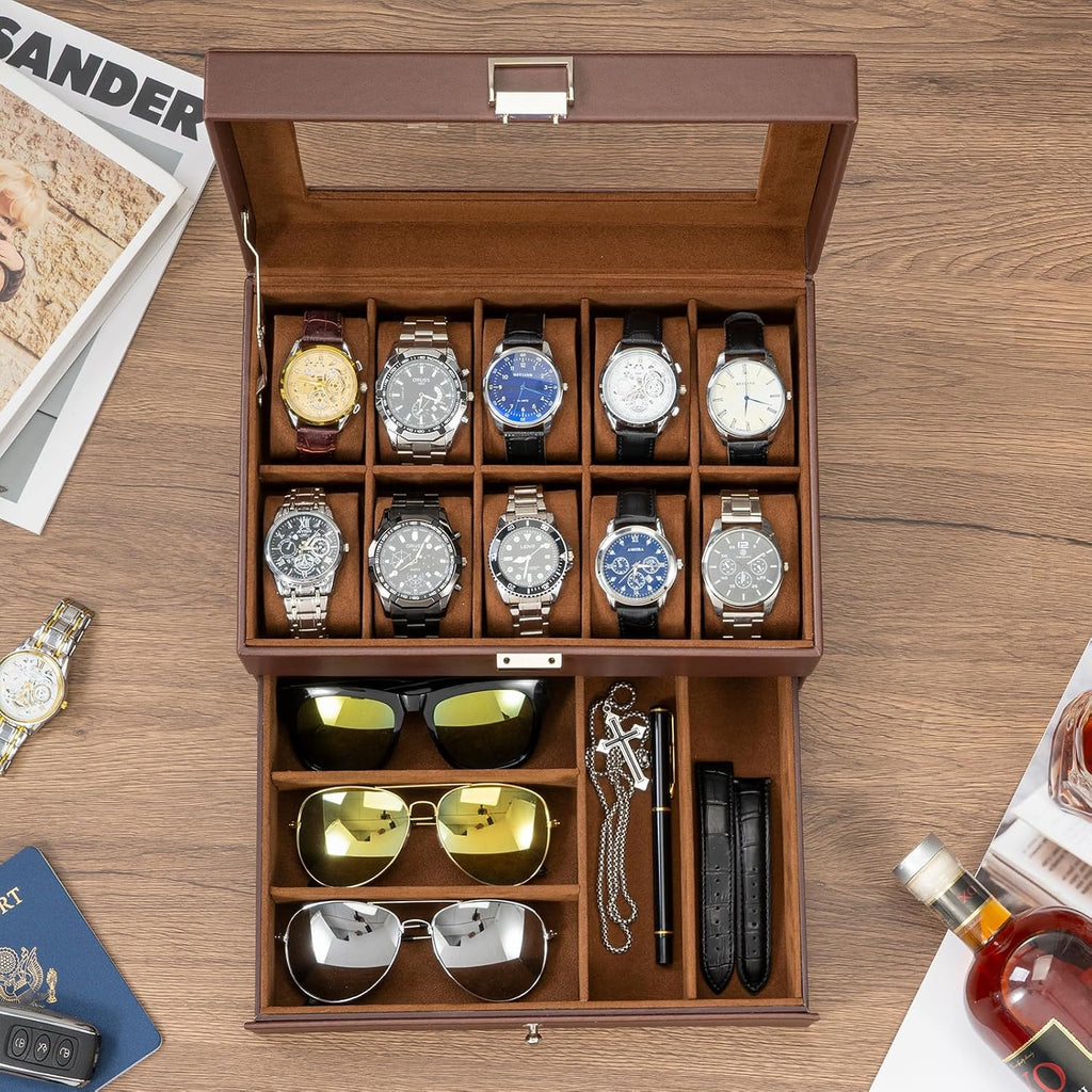 Valcourt™ 10-Slot Watch & Valet Box — Espresso, with Drawer