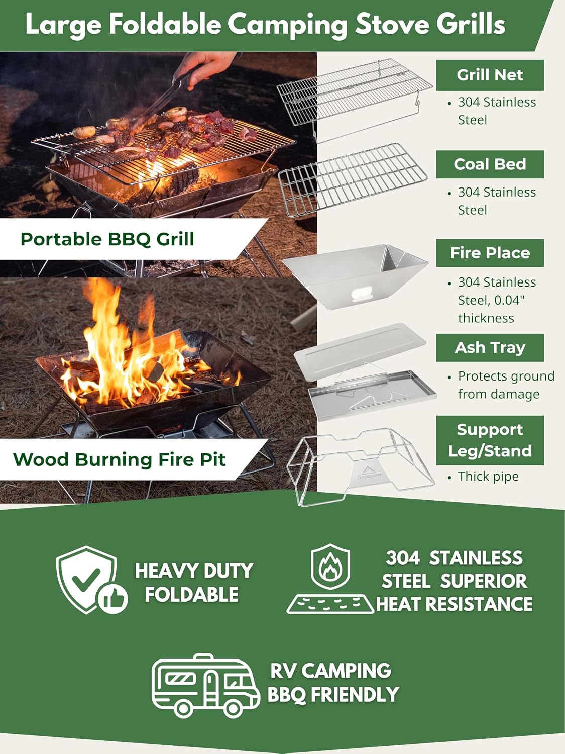 CAMPINGMOON Portable Fire Pit Grill Large 20 Inch Stainless 