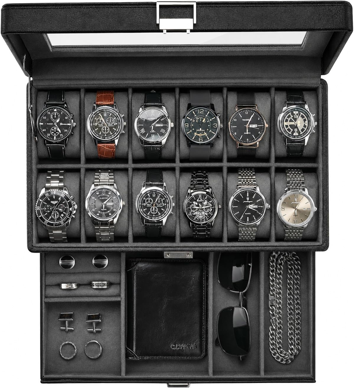 Valcourt™ 12-Slot Watch Box — All-Black with Valet Drawer