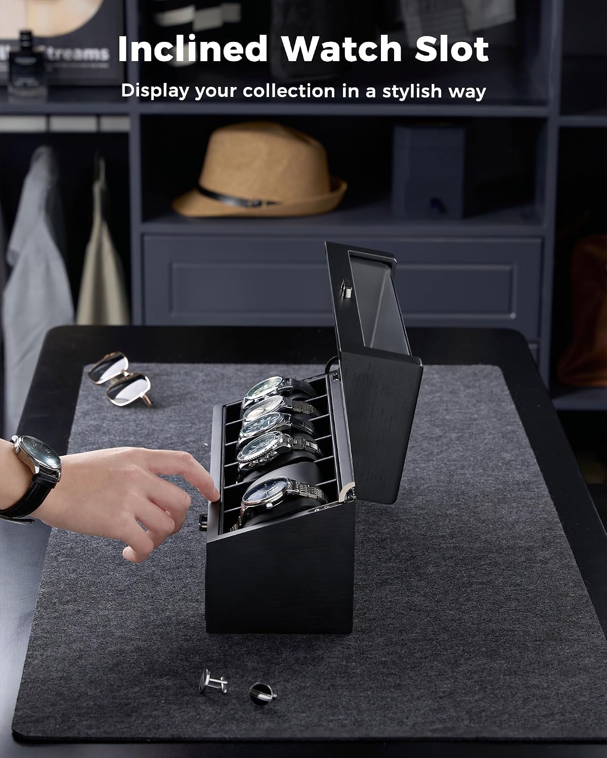 Valcourt™ Wooden 6-Slot Watch Box — 2-Layer with Valet Drawer, Black