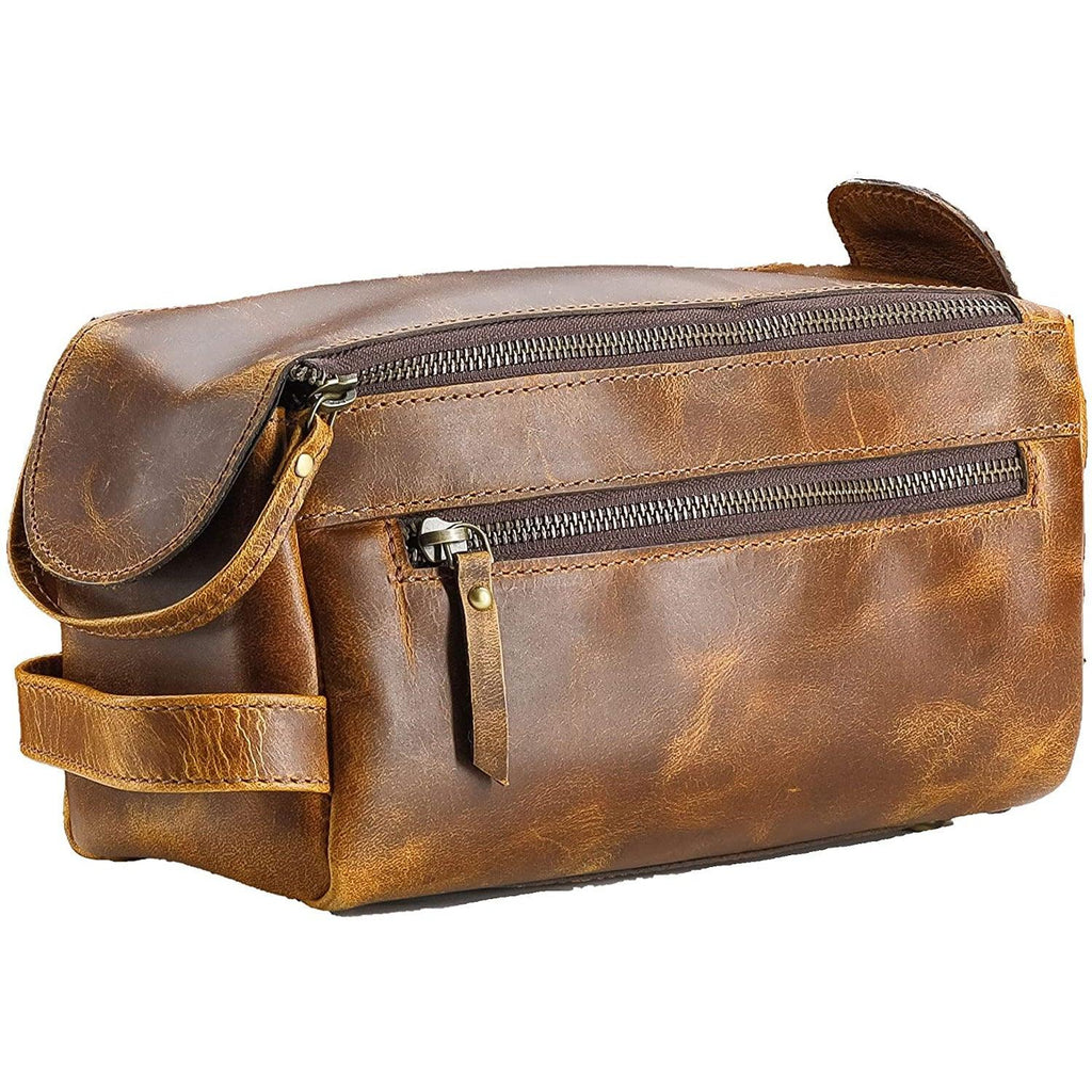 KomalC Premium Buffalo Leather Unisex Toiletry Bag Travel Dopp Kit