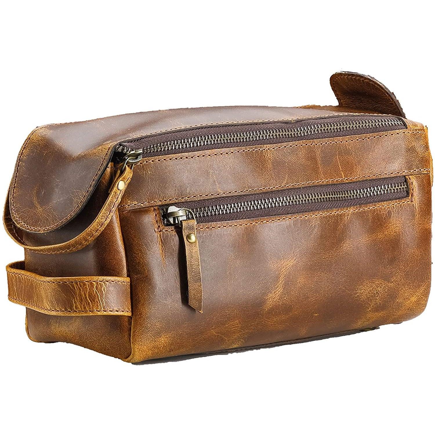 KomalC Premium Buffalo Leather Unisex Toiletry Bag Travel Dopp Kit