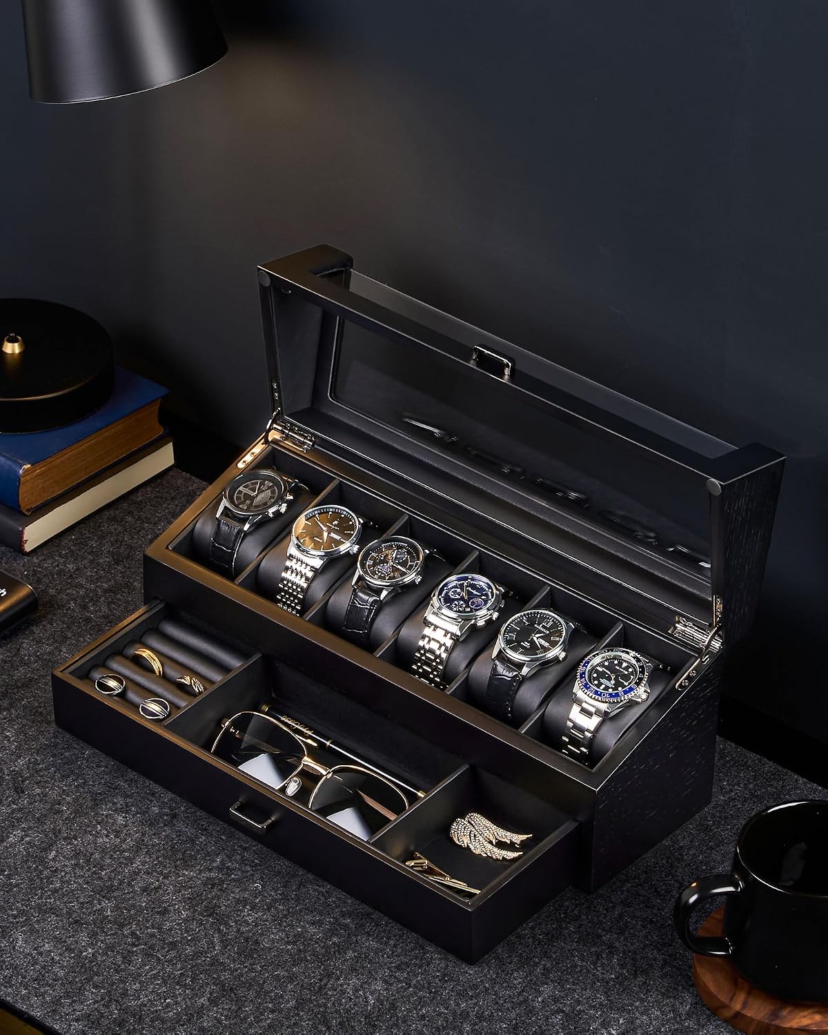 Valcourt™ Wooden 6-Slot Watch Box — 2-Layer with Valet Drawer, Black