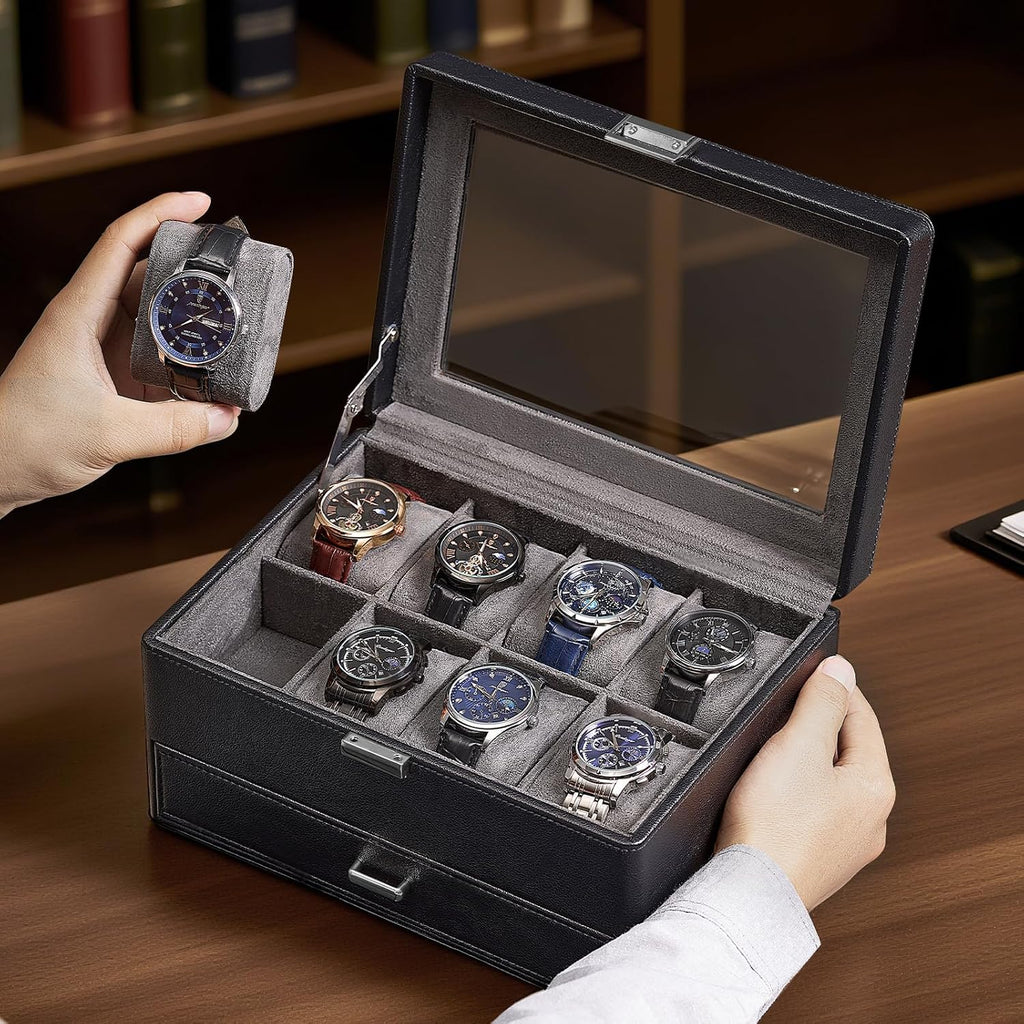 Valcourt™ 8-Slot Watch & Jewellery Box — Glass Lid with Drawer, Black