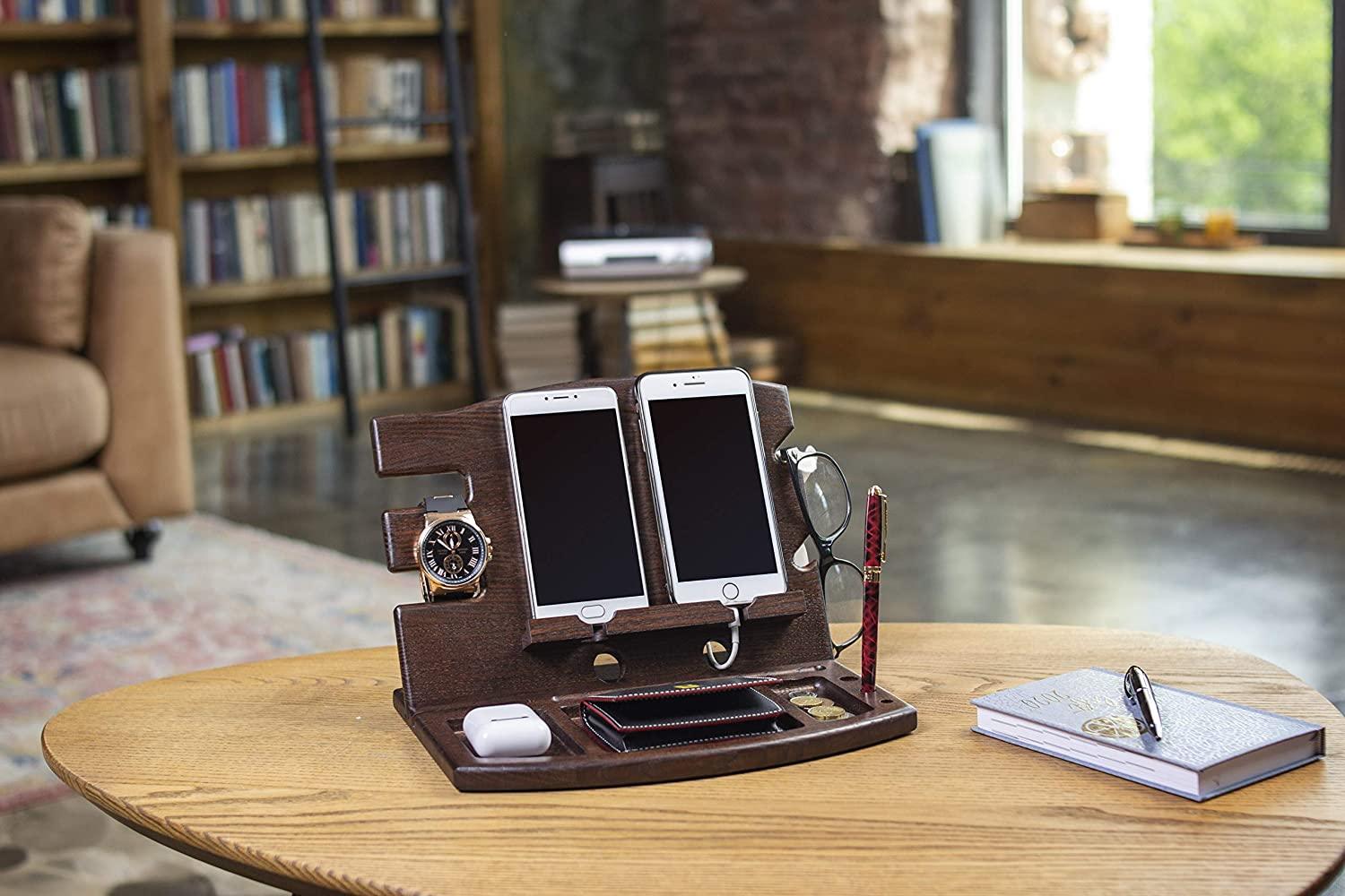 Wood Phone Docking Station Natural Ash Phone Key Holder Wallet Stand