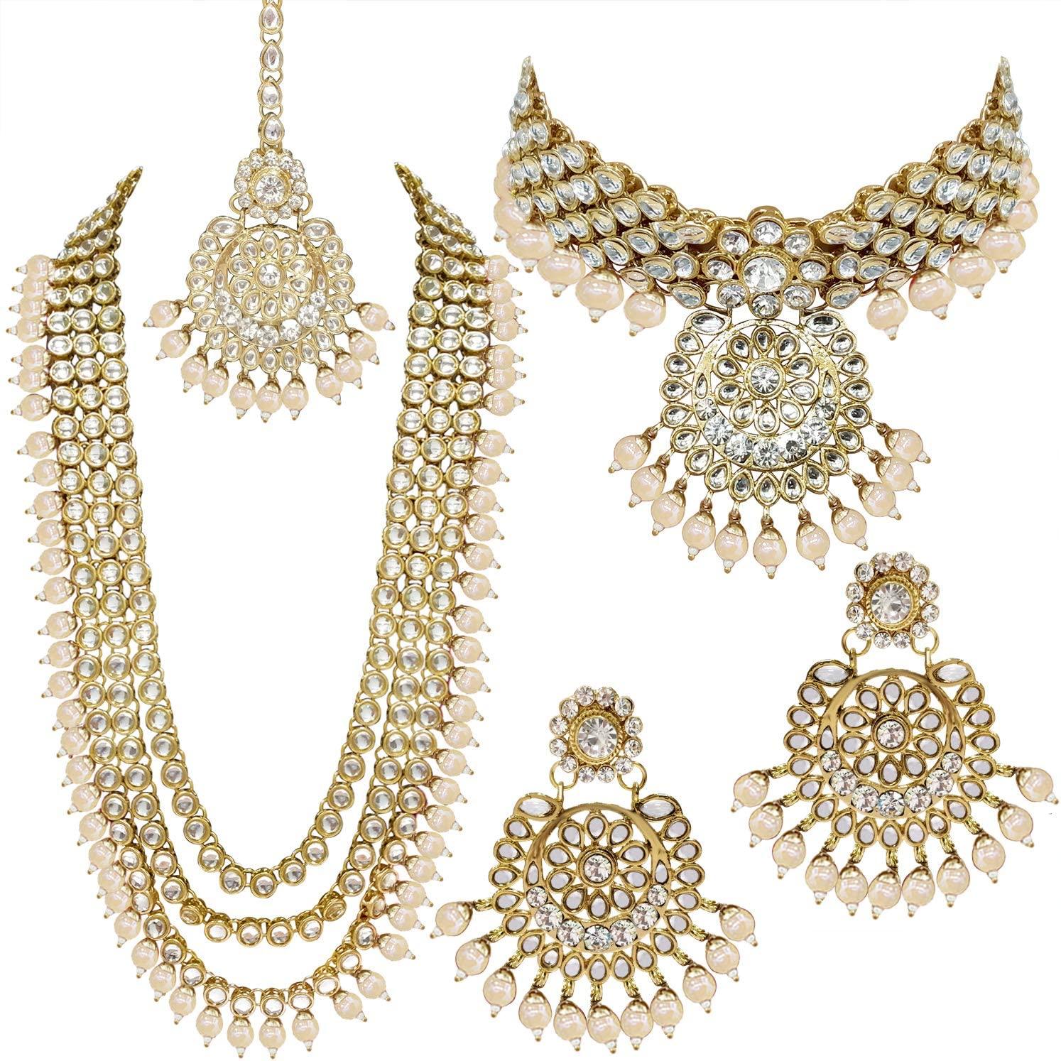 Indian Wedding Kundan Beaded Bridal Long Choker Necklace Earrings with
