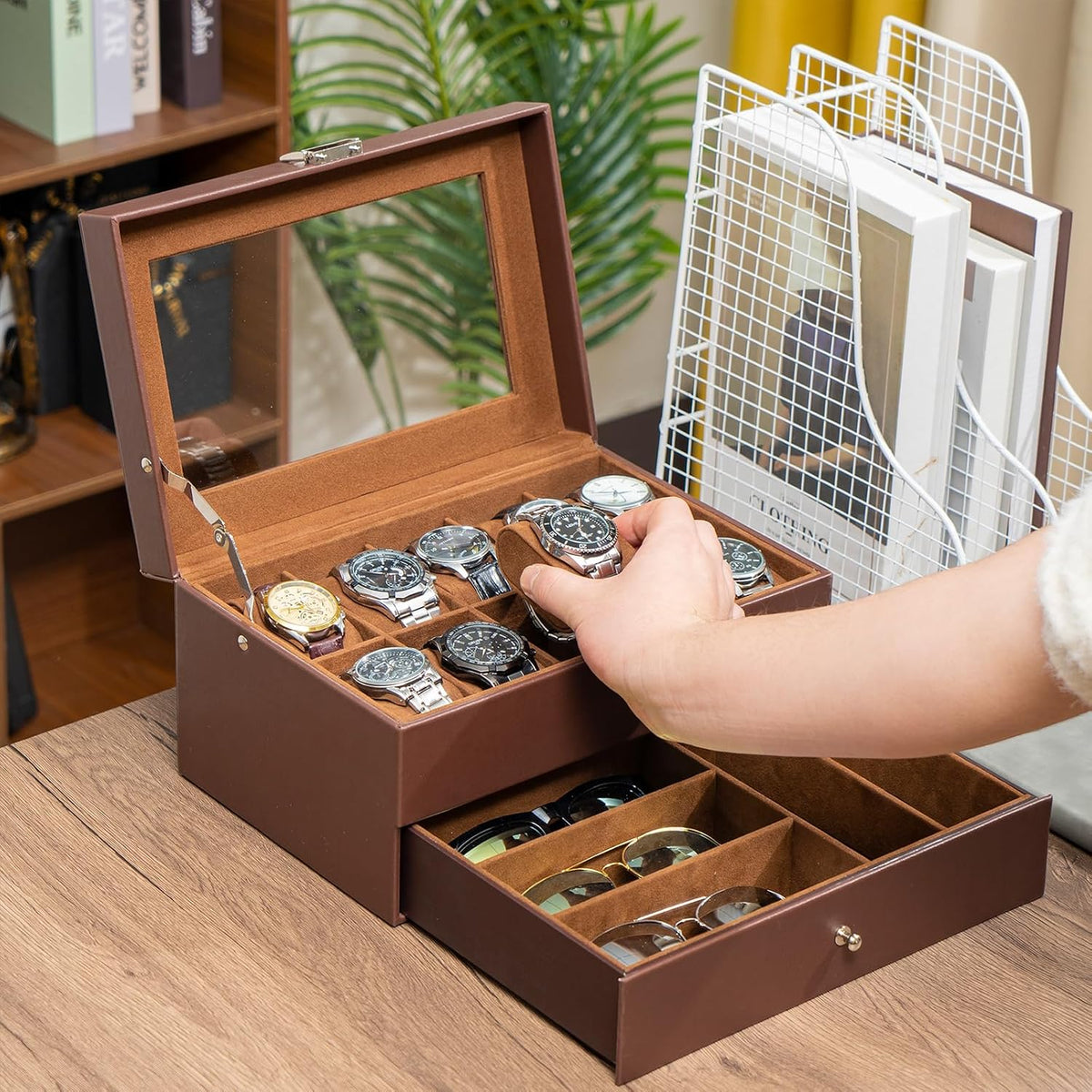 Valcourt™ 10-Slot Watch & Valet Box — Espresso, with Drawer