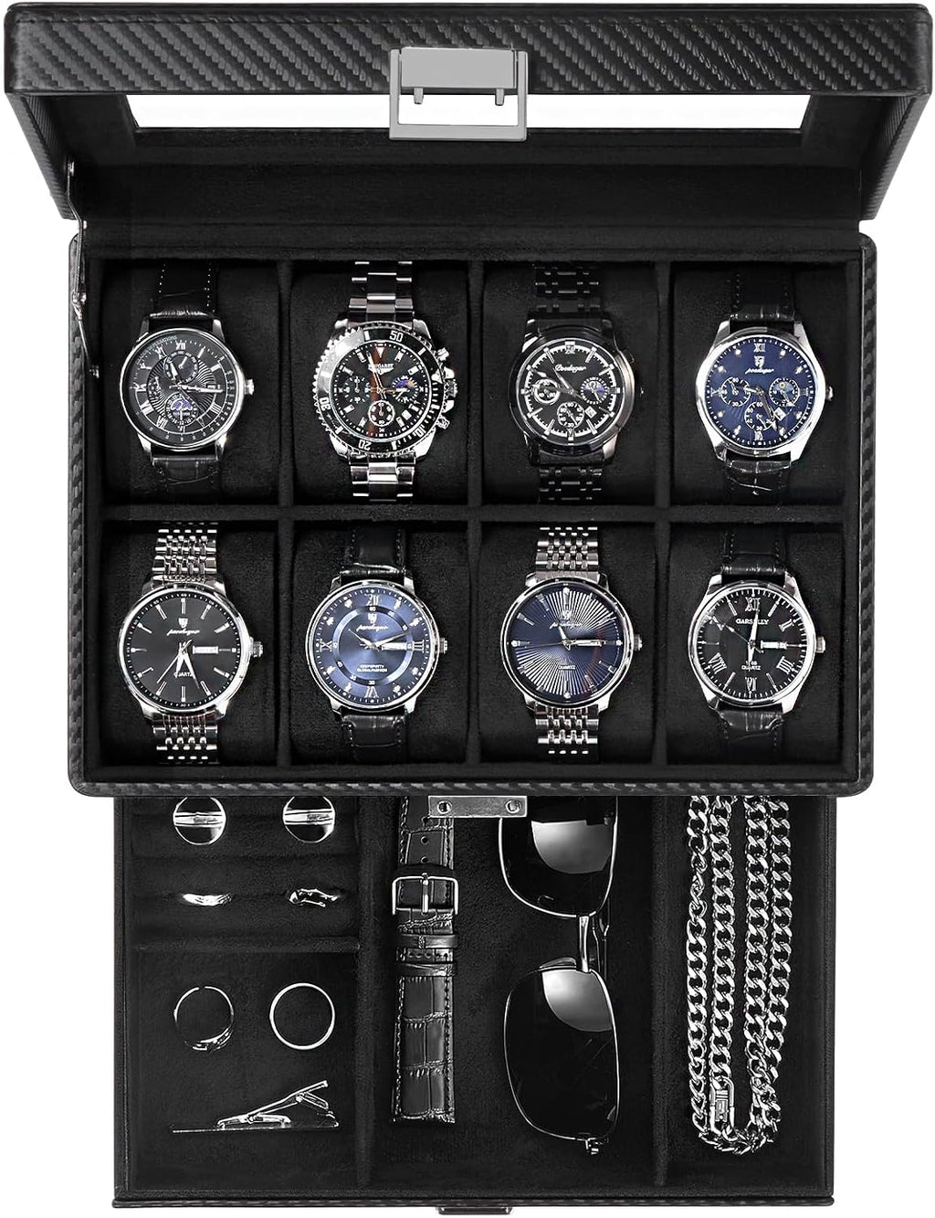 Valcourt™ 8-Slot Watch & Jewellery Box — Glass Lid with Drawer, Black
