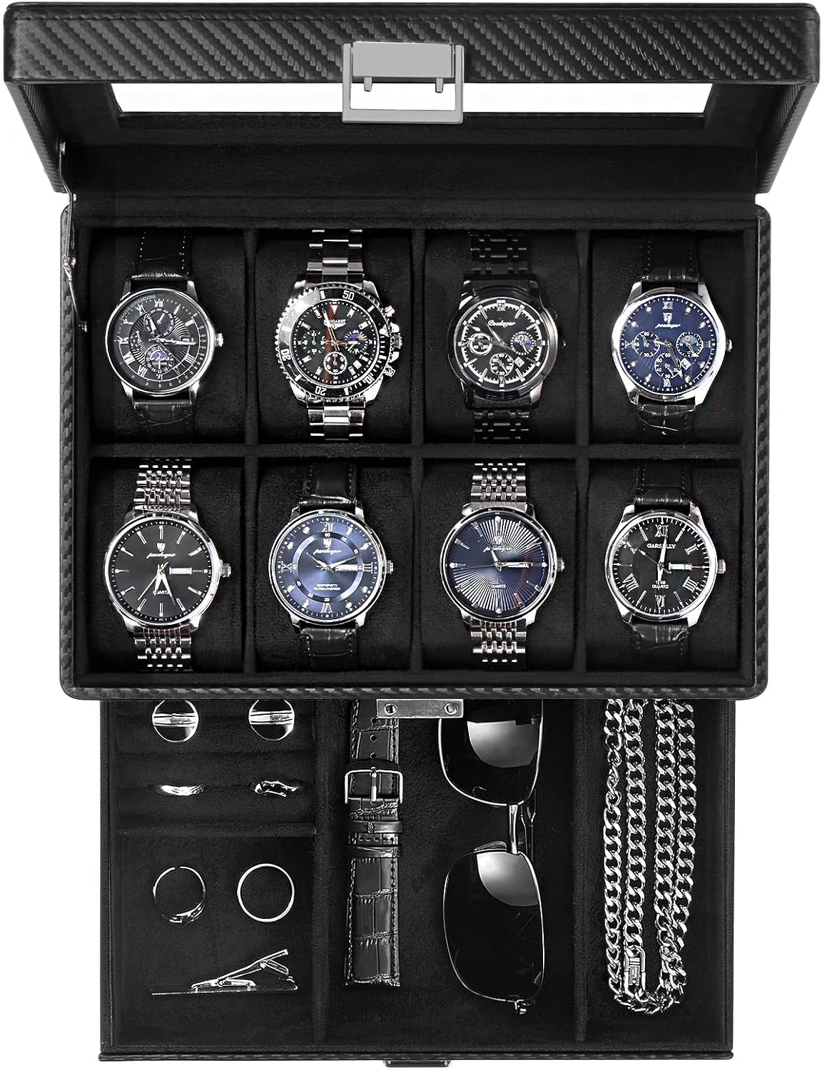 Valcourt™ 8-Slot Watch & Jewellery Box — Glass Lid with Drawer, Black