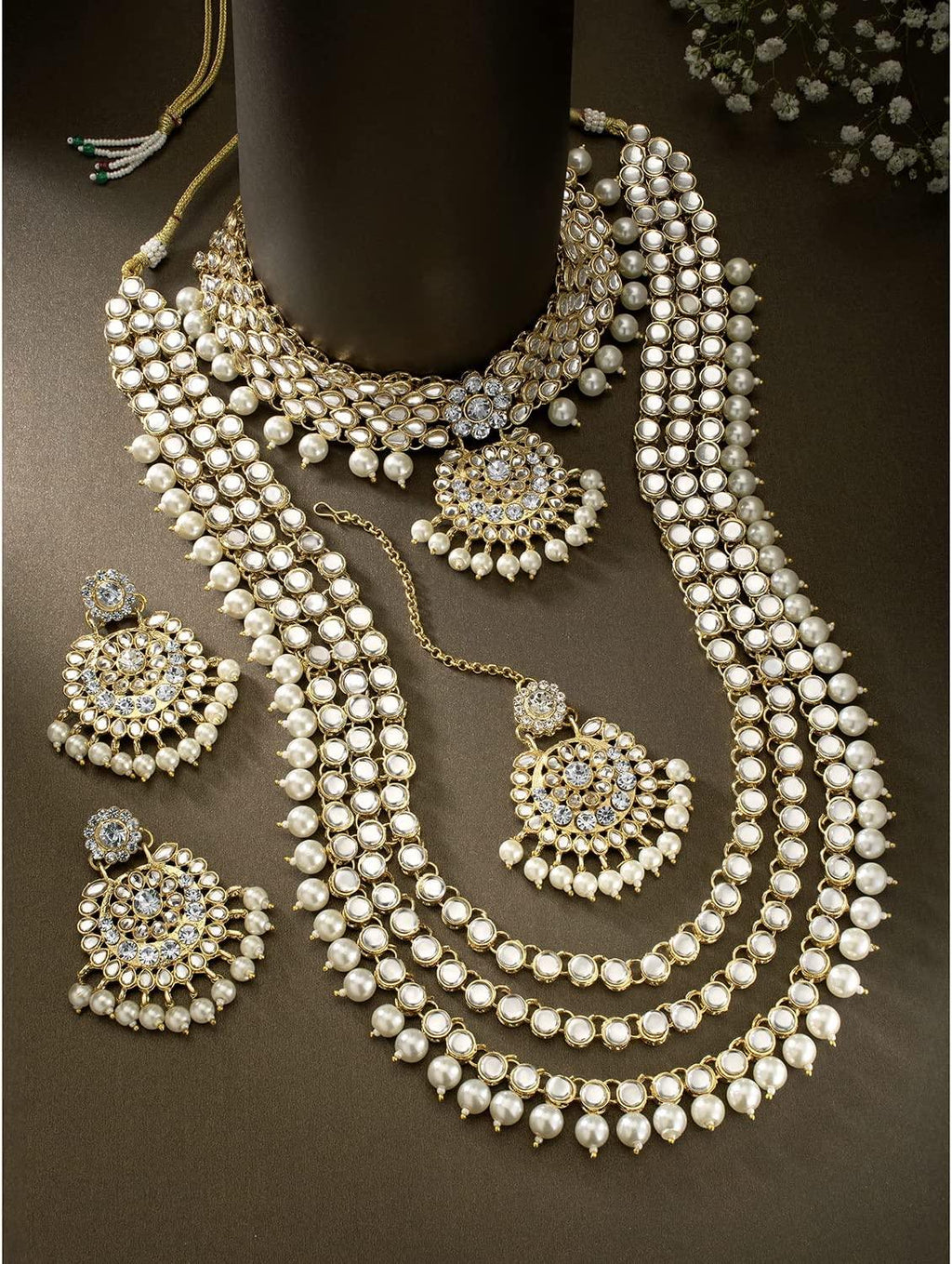 Indian Wedding Kundan Beaded Bridal Long Choker Necklace Earrings with