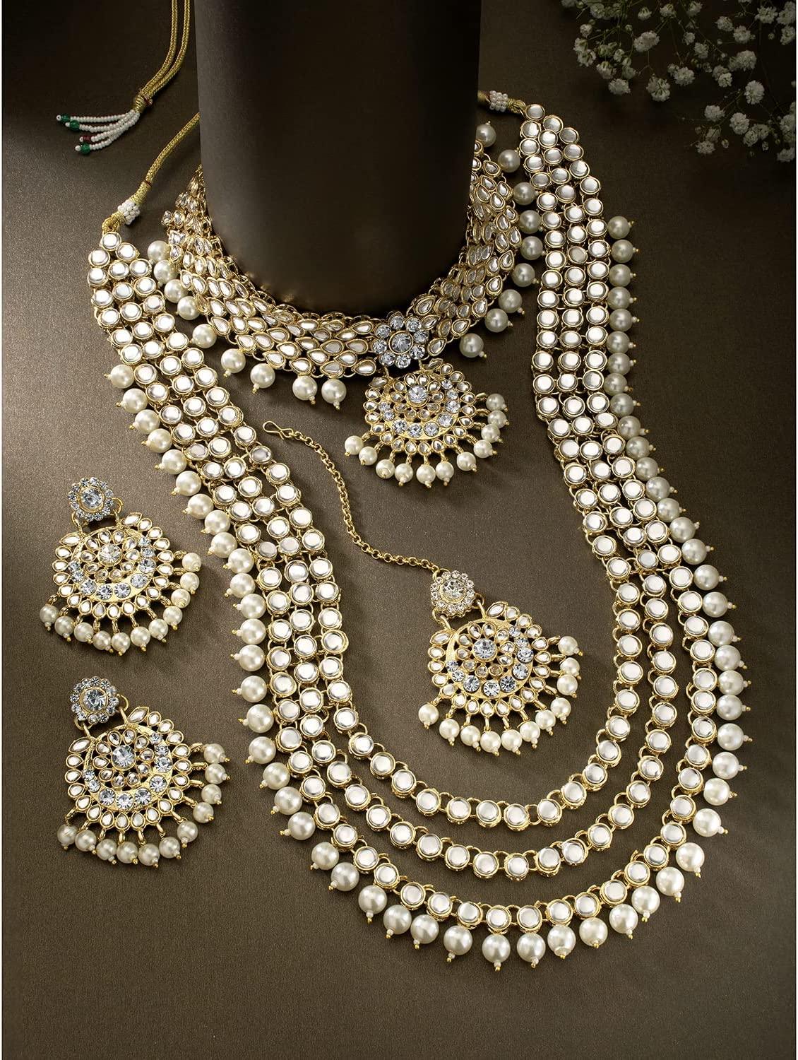 Indian Wedding Kundan Beaded Bridal Long Choker Necklace Earrings with