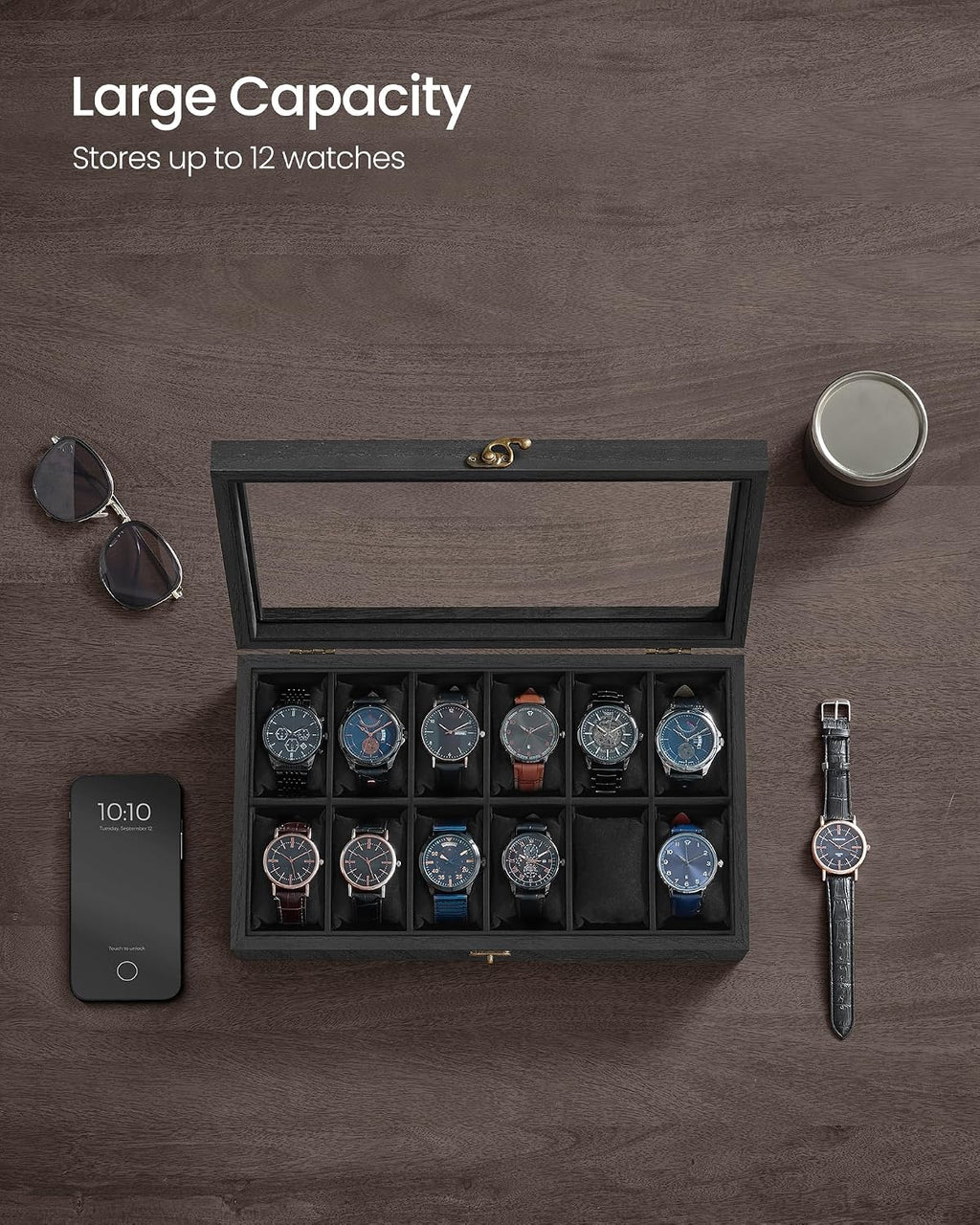 Valcourt™ Solid Wood Watch Box — 12 Slots with Glass Lid