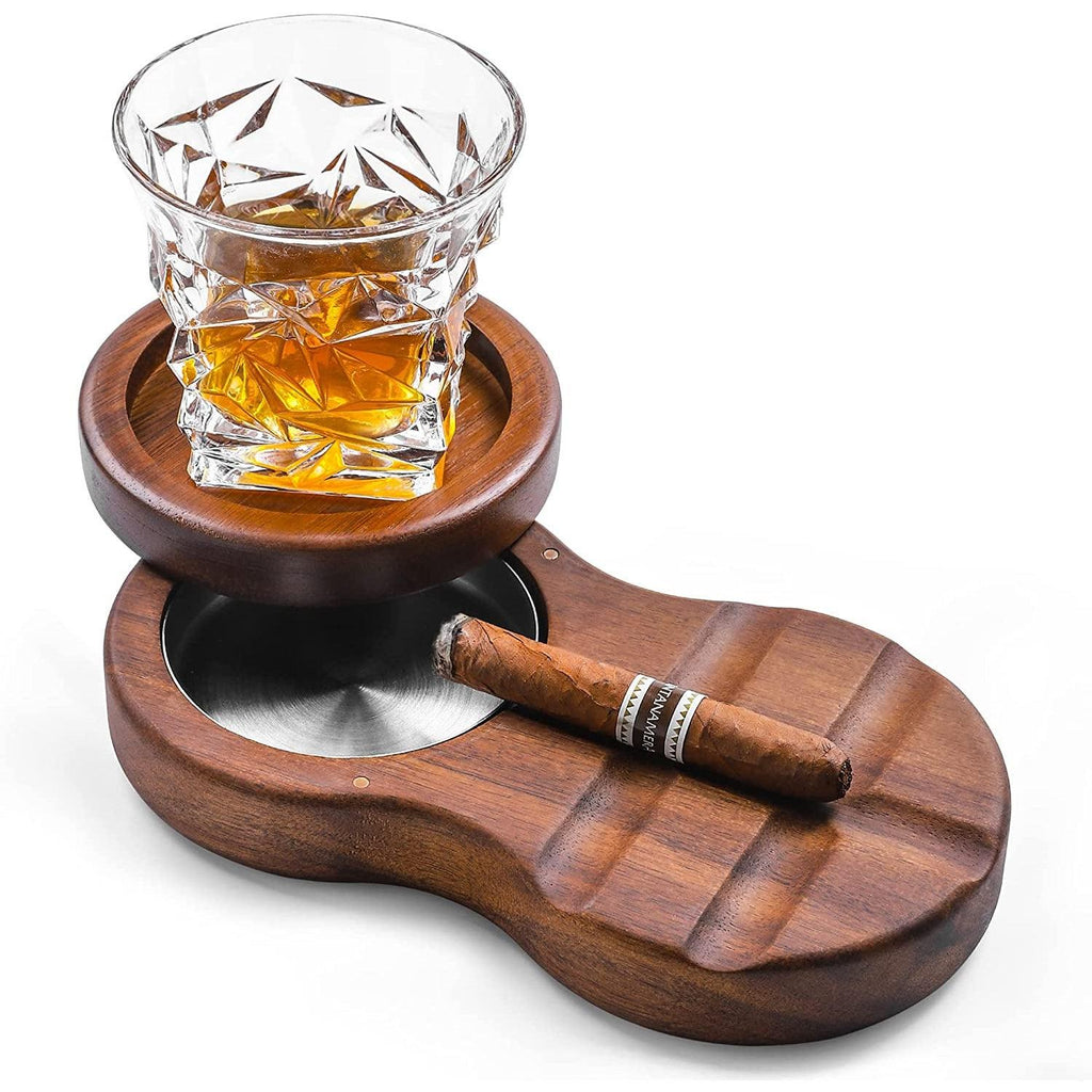 Wooden Cigar Ashtrays Coaster/Whiskey Glass Tray and Cigar Holder