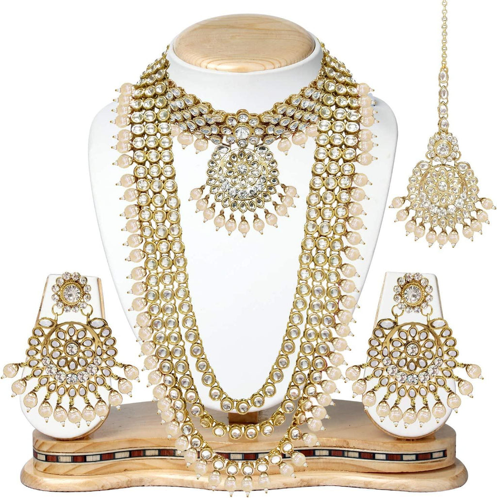 Indian Wedding Kundan Beaded Bridal Long Choker Necklace Earrings with