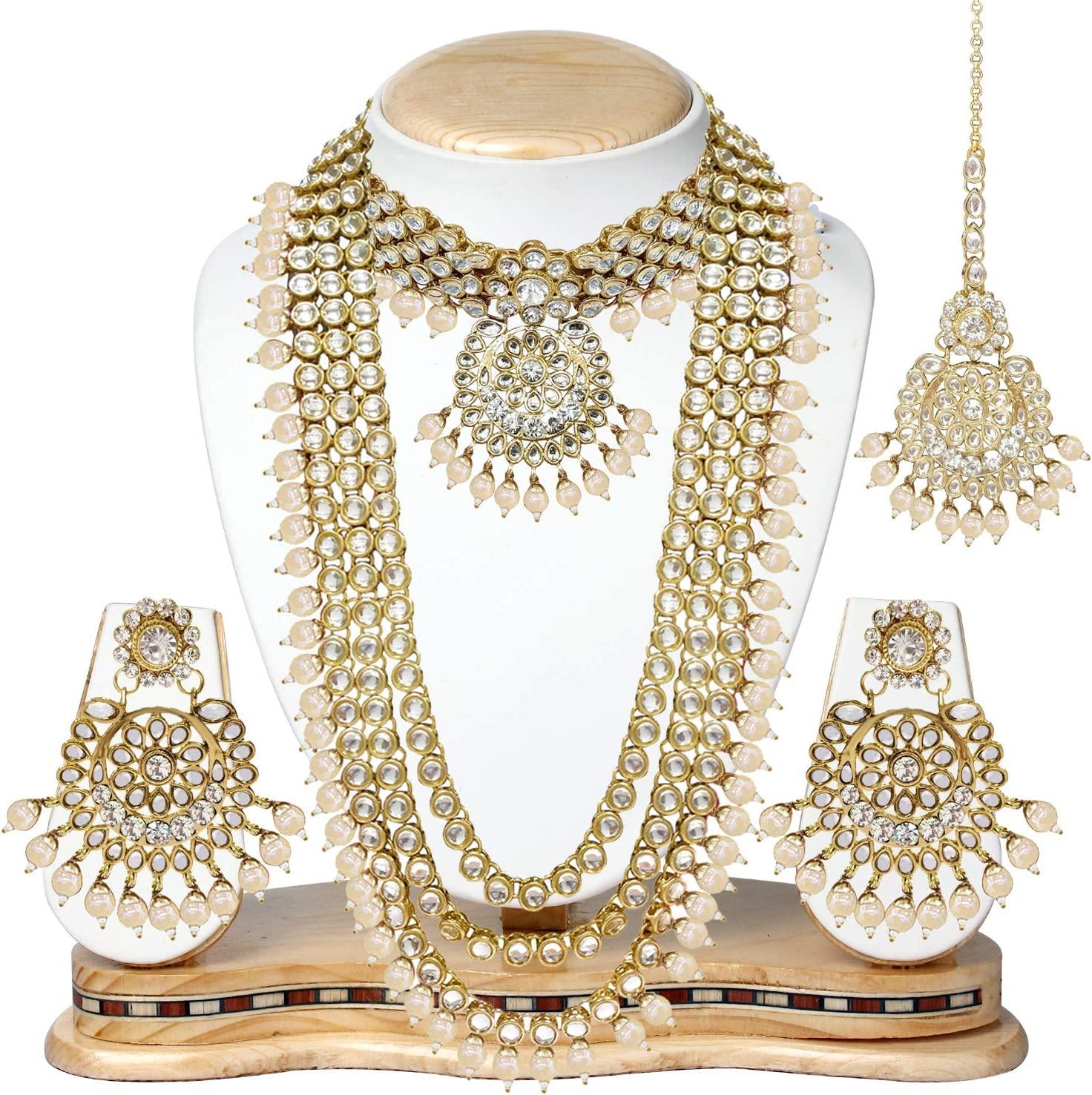 Indian Wedding Kundan Beaded Bridal Long Choker Necklace Earrings with