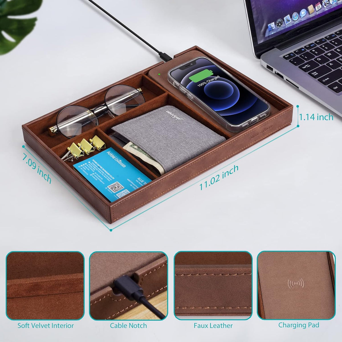 Norwood™ Wireless Charging Valet Station — 3-Compartment, Brown