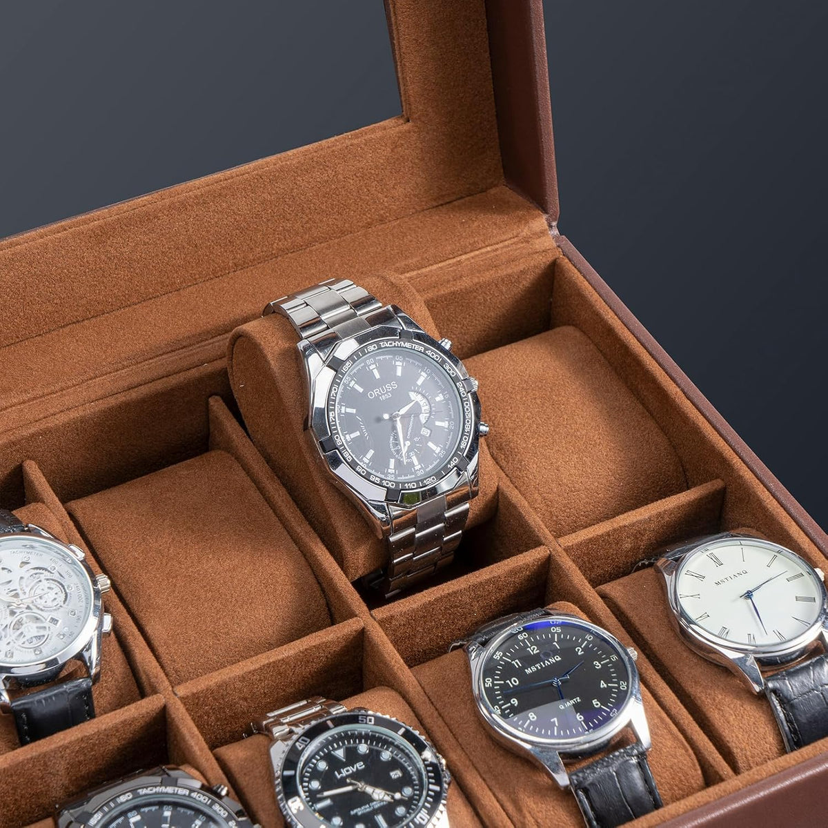 Valcourt™ 10-Slot Watch & Valet Box — Espresso, with Drawer