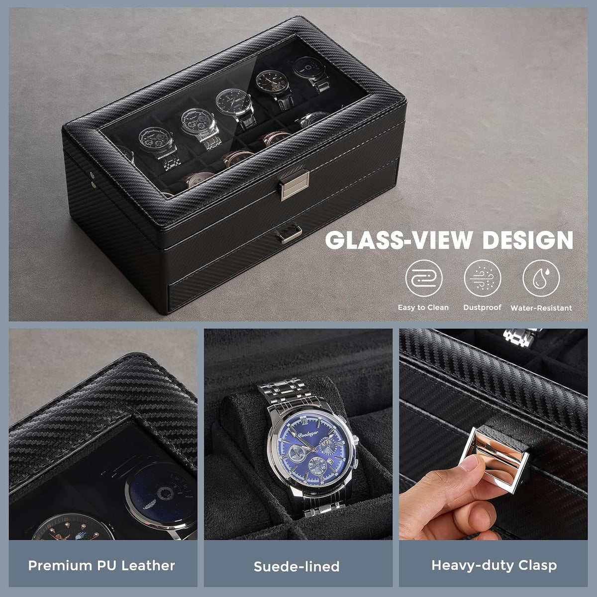 Valcourt™ 12-Slot Watch Box — All-Black with Valet Drawer