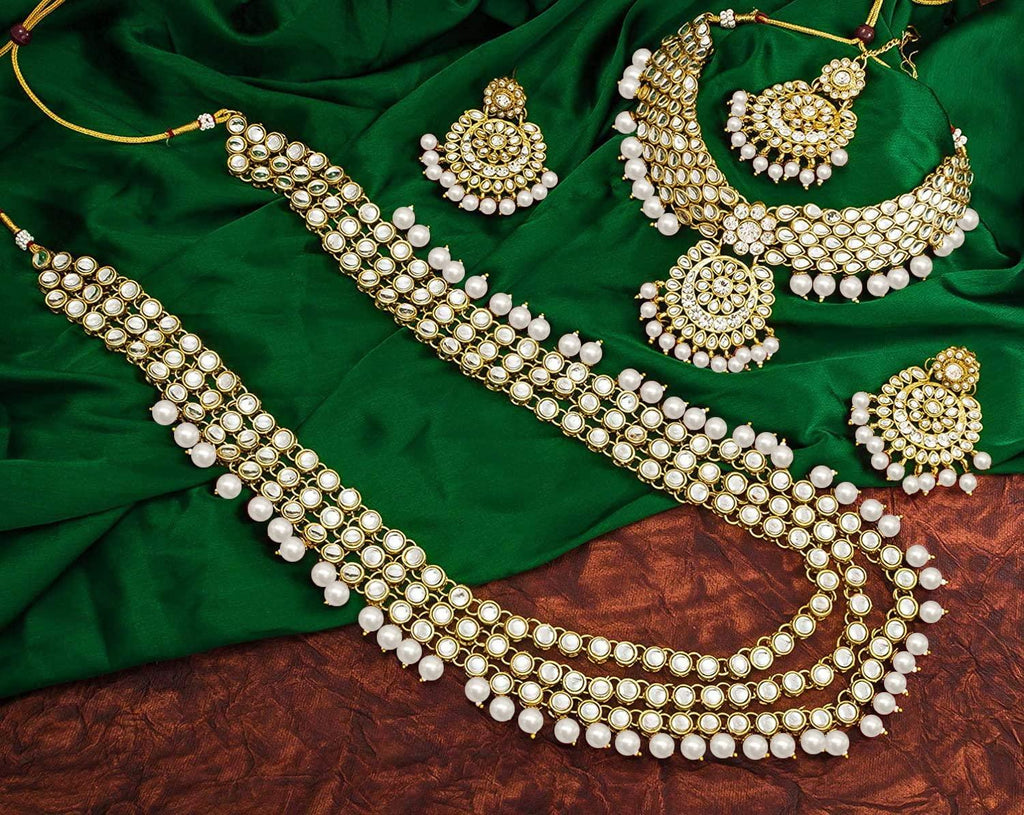 Indian Wedding Kundan Beaded Bridal Long Choker Necklace Earrings with
