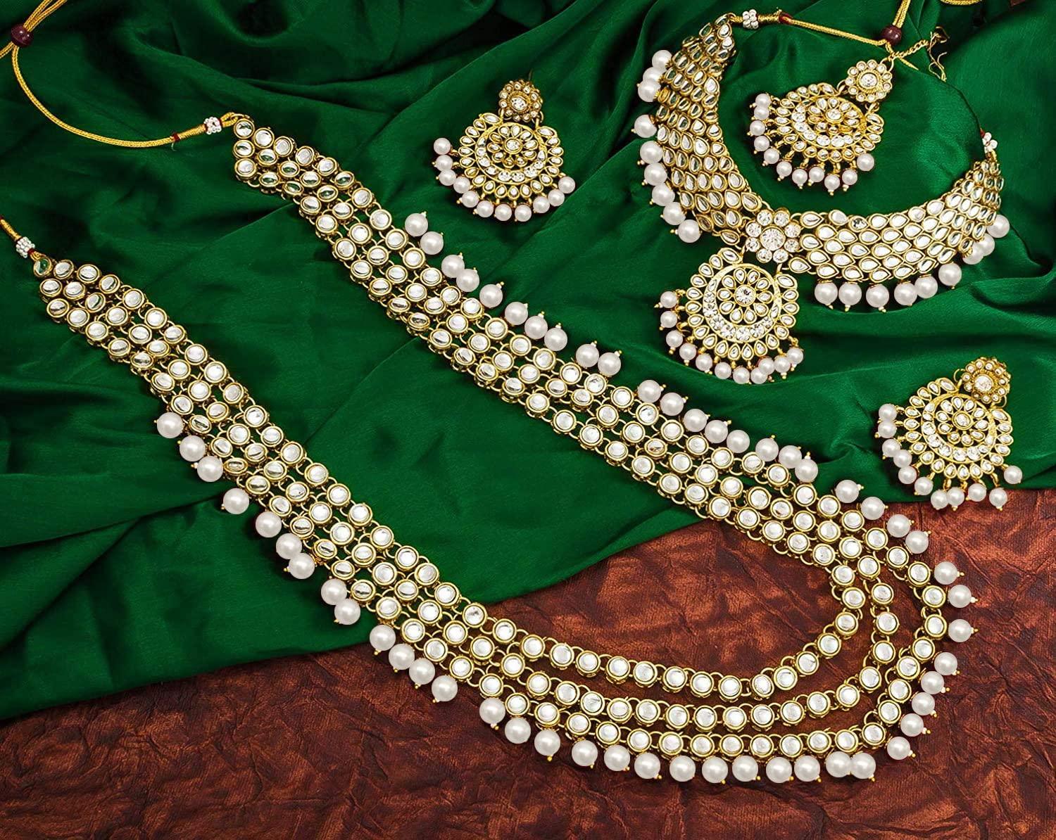 Indian Wedding Kundan Beaded Bridal Long Choker Necklace Earrings with