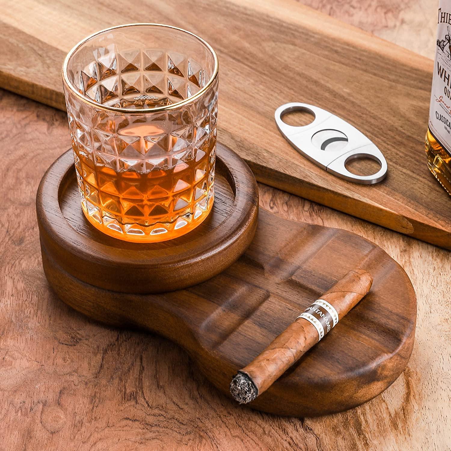 Wooden Cigar Ashtrays Coaster/Whiskey Glass Tray and Cigar Holder