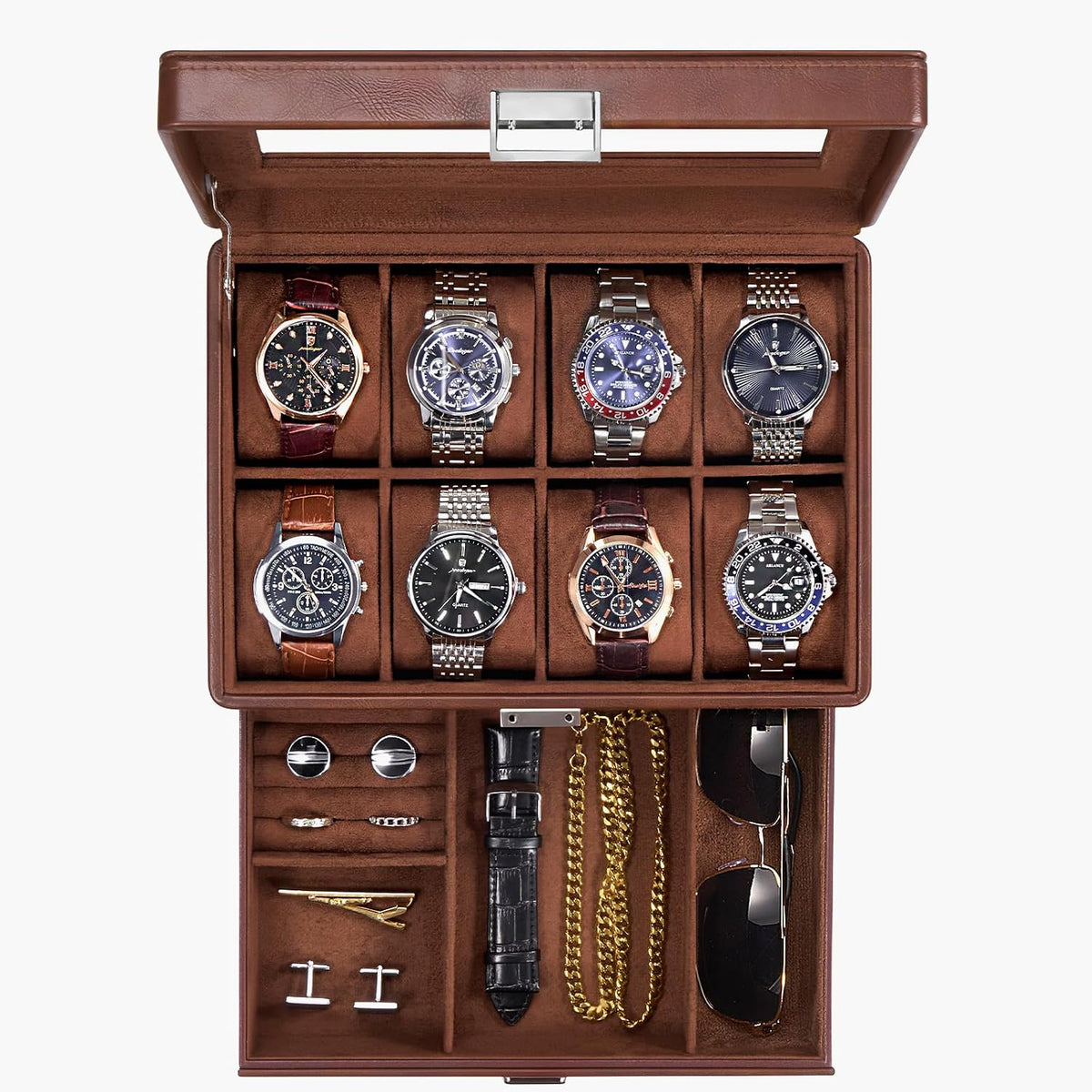 Valcourt™ 8-Slot Watch & Jewellery Box — Glass Lid with Drawer, Black