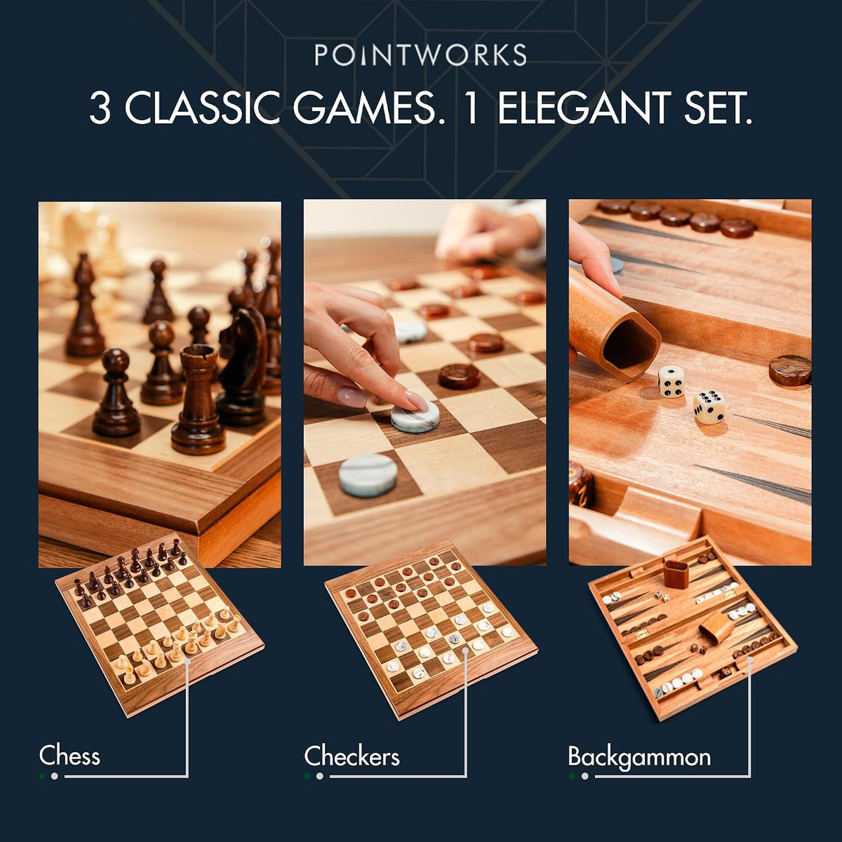 Pointworks 17 Inch Chess Checkers Backgammon Set for adults