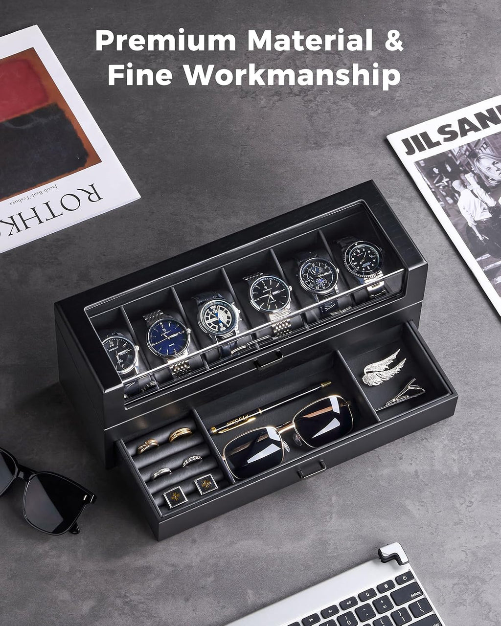 Valcourt™ Wooden 6-Slot Watch Box — 2-Layer with Valet Drawer, Black