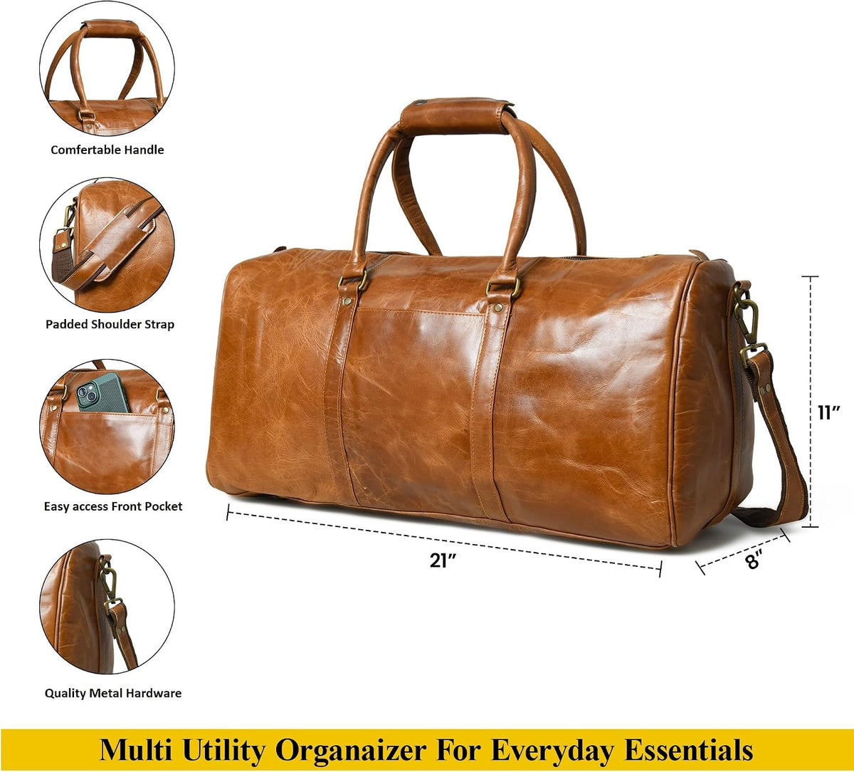 Ashcroft™ Buffalo Leather Weekender Duffle — 21″ Vintage Tan