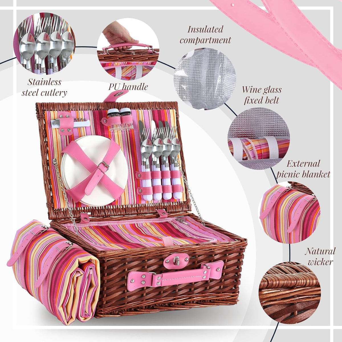 Picnic Basket Set for 4 with Waterproof Picnic Blanket and I