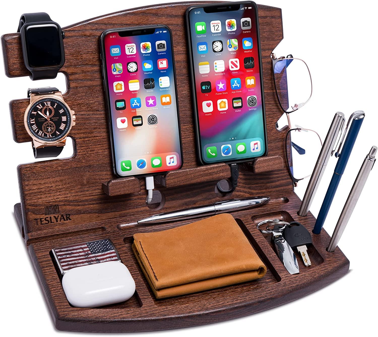 Wood Phone Docking Station Natural Ash Phone Key Holder Wallet Stand