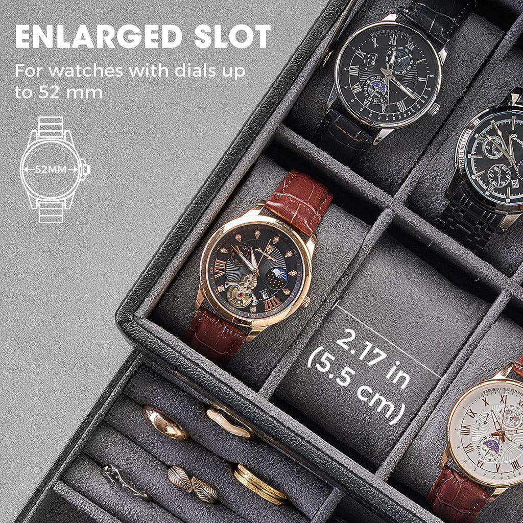 Valcourt™ 8-Slot Watch & Jewellery Box — Glass Lid with Drawer, Black