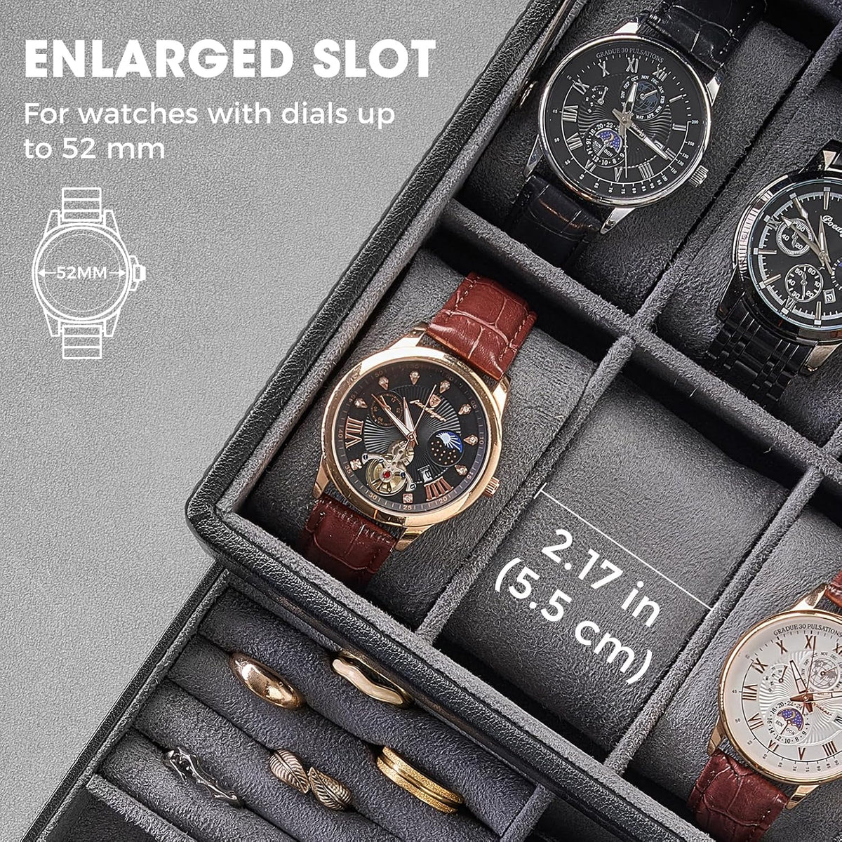 Valcourt™ 8-Slot Watch & Jewellery Box — Glass Lid with Drawer, Black