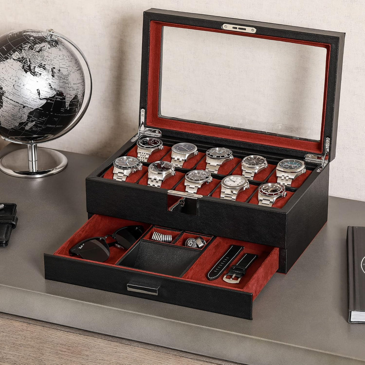 Valcourt™ Heritage 10-Slot Watch Box — Leather Valet Drawer, Black/Red